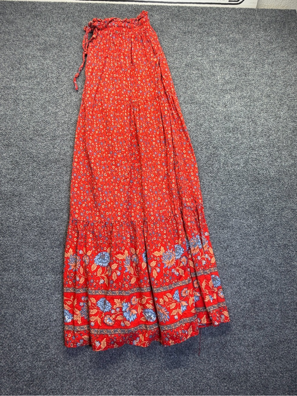 Boho Red Floral Tiered Maxi Skirt with Drawstring Waist